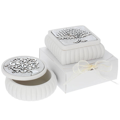 Bagutta Cofanetto Tondo Bianco a Coste Albero con Cuori Argentato Ø 8x4 cm