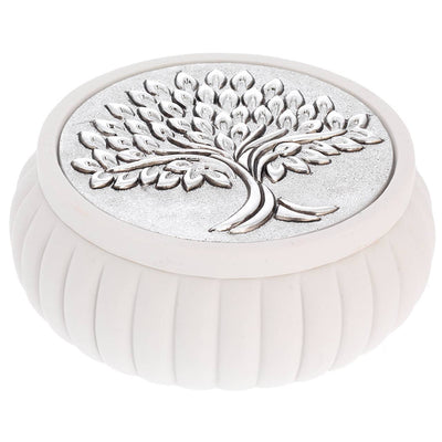 Bagutta Cofanetto Tondo Bianco a Coste Albero con Spighe Argentato Ø 11,5x4,5 cm
