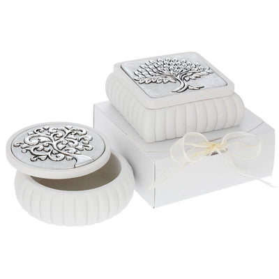 Bagutta Cofanetto Tondo Bianco a Coste Albero con Spighe Argentato Ø 11,5x4,5 cm