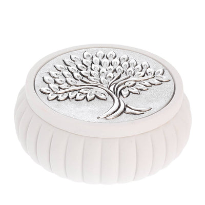 Bagutta Cofanetto Tondo Bianco a Coste Albero con Spighe Argentato Ø 8x4 cm