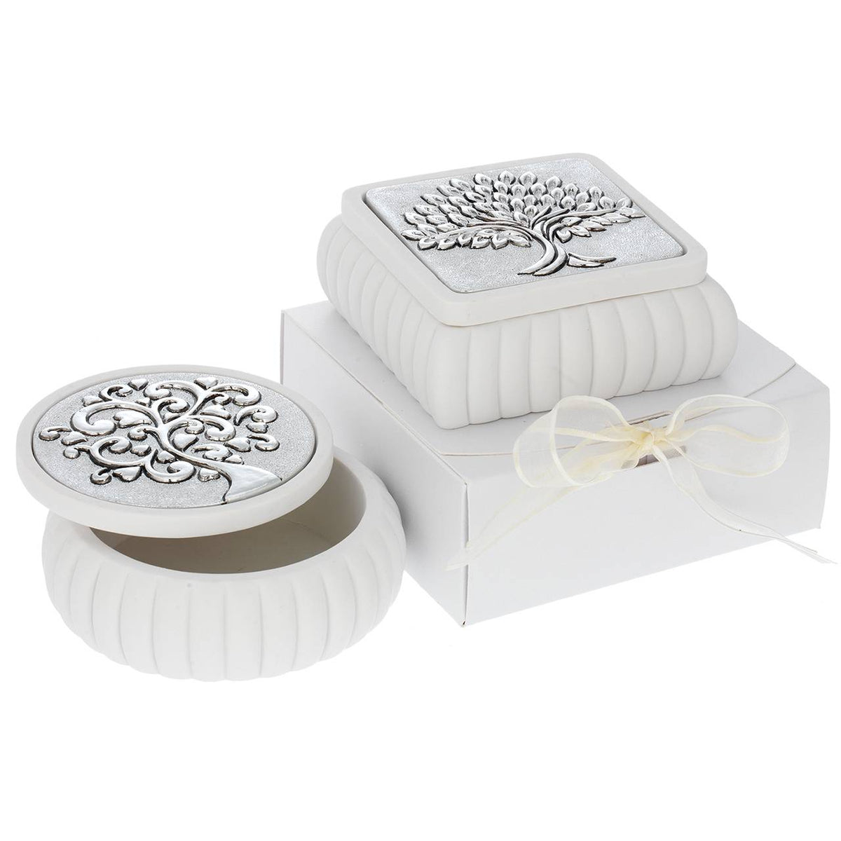 Bagutta Cofanetto Tondo Bianco a Coste Albero con Spighe Argentato Ø 8x4 cm