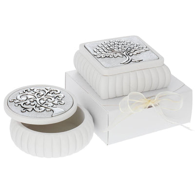 Bagutta Cofanetto Tondo Bianco a Coste Albero con Spighe Argentato Ø 8x4 cm