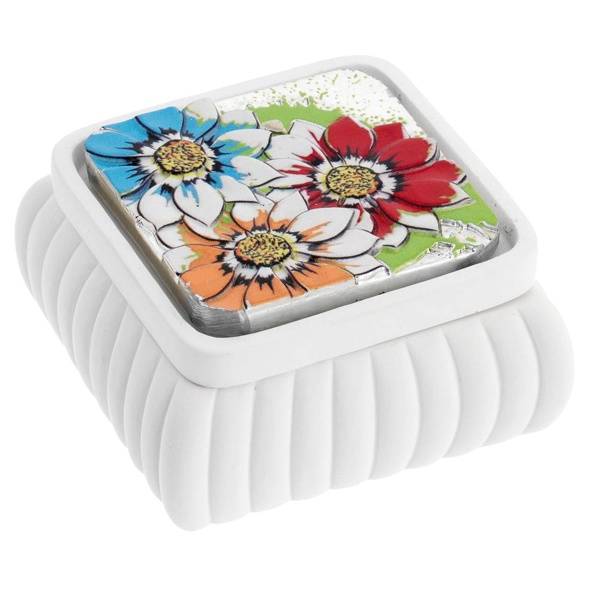 Bagutta Girasoli Multicolore Cofanetto Quadrato Bianco a Coste 8x8x4 cm