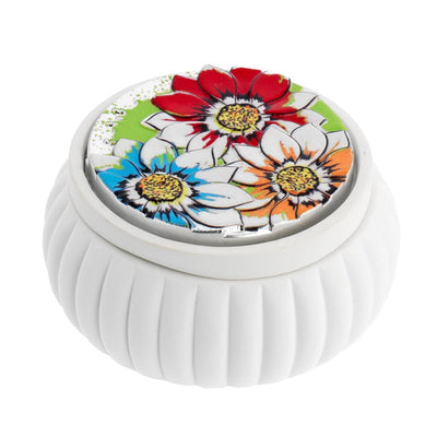 Bagutta Girasoli Multicolore Cofanetto Tondo Bianco a Coste Ø 8,5x4 cm