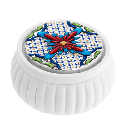Bagutta Maiolica Blu Cofanetto Tondo Bianco a Coste Ø 8,5x4 cm