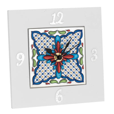 Bagutta Maiolica Blu Orologio da Tavolo Quadrato Bianco 15x15 cm