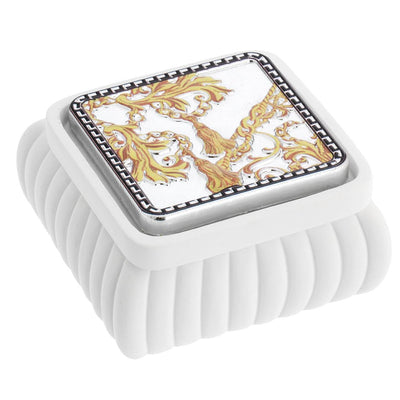 Bagutta Catene Cofanetto Quadrato Bianco a Coste Decoro Barocco Oro 8x8x4 cm