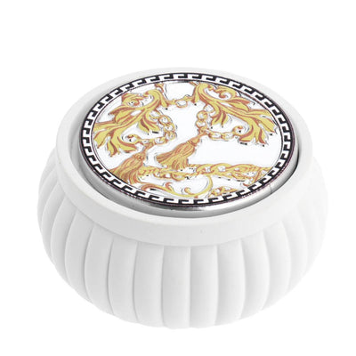 Bagutta Catene Cofanetto Tondo Bianco a Coste Decoro Barocco Oro Ø 8,5x4 cm