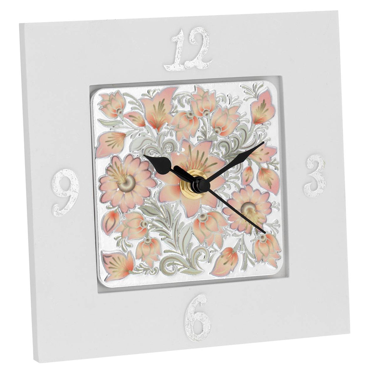 Bagutta Fiori Pesca Orologio da Tavolo Quadrato Bianco 15x15 cm