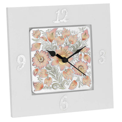 Bagutta Fiori Pesca Orologio da Tavolo Quadrato Bianco 15x15 cm