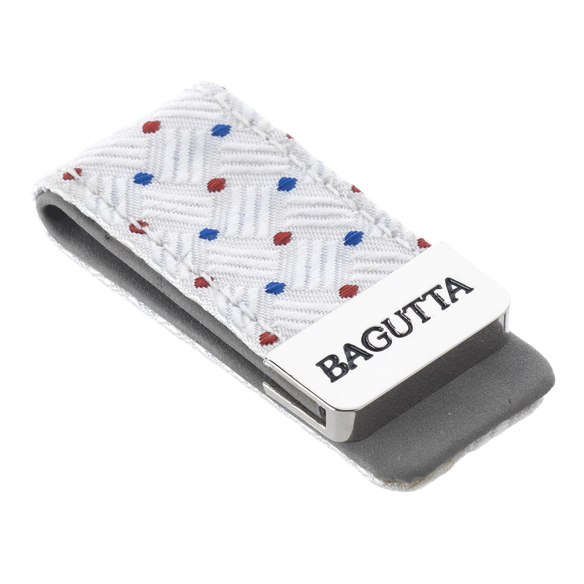 Bagutta Fermasoldi con Inserto in Tessuto Bianco Fantasia Rossa e Blu 6x3 cm