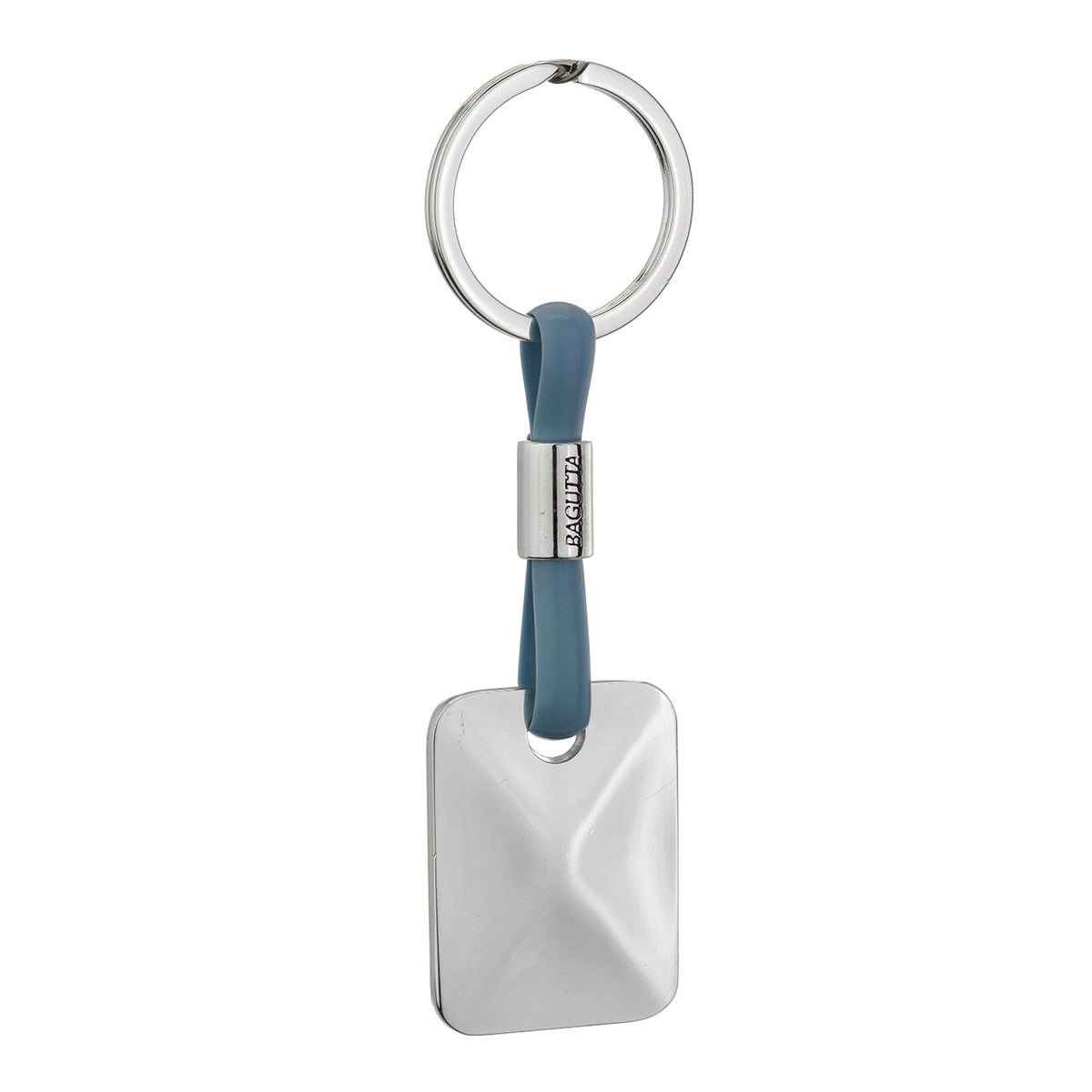 Bagutta Portachiavi Silver Plated con Targhetta Rettangolare e Cordino in Silicone Azzurro 11 cm