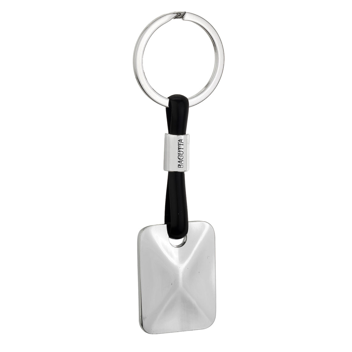 Bagutta Portachiavi Silver Plated con Targhetta Rettangolare e Cordino in Silicone Nero 11 cm