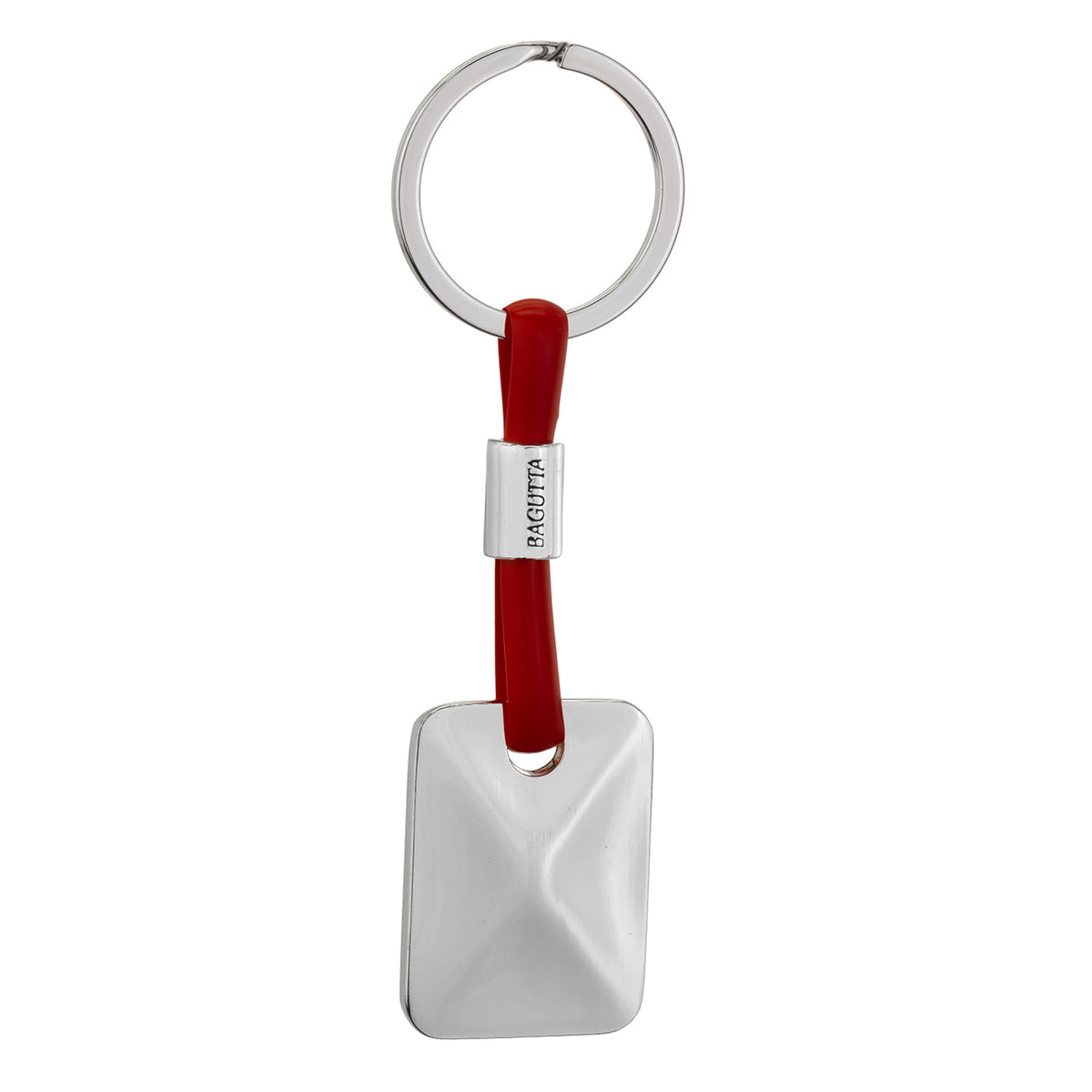 Bagutta Portachiavi Silver Plated con Targhetta Rettangolare e Cordino in Silicone Rosso 11 cm