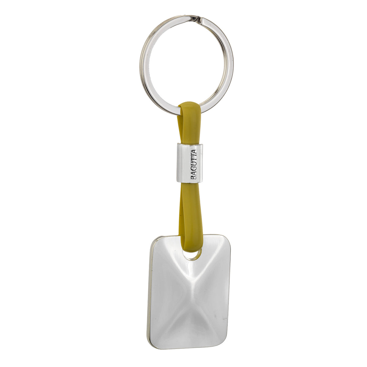 Bagutta Portachiavi Silver Plated con Targhetta Rettangolare e Cordino in Silicone Senape 11 cm