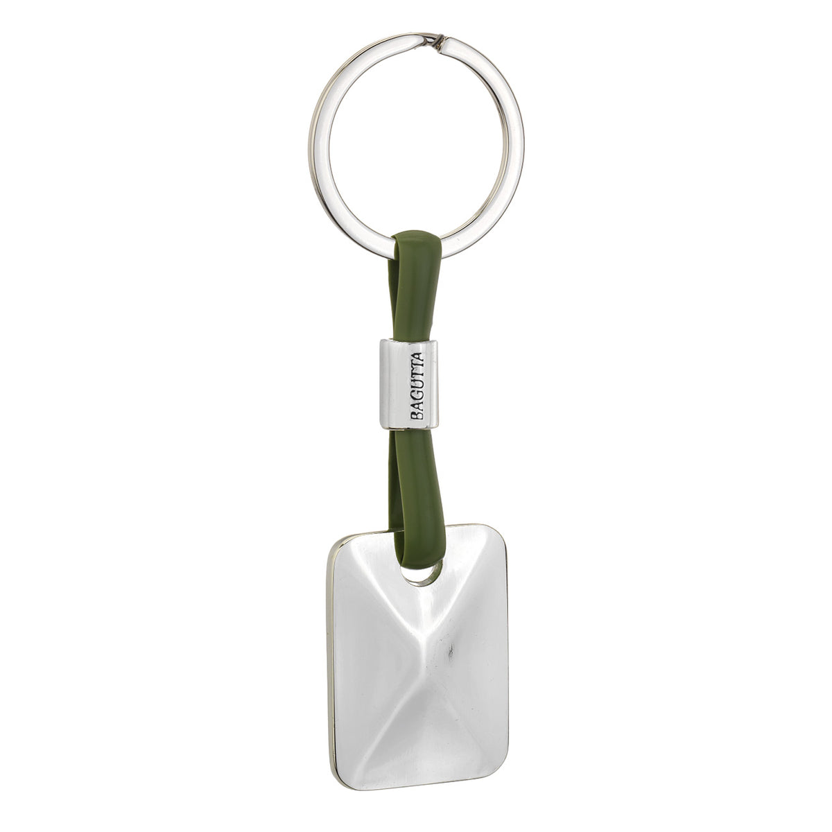 Bagutta Portachiavi Silver Plated con Targhetta Rettangolare e Cordino in Silicone Verde 11 cm