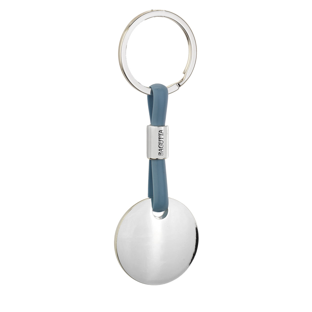 Bagutta Portachiavi Silver Plated con Targhetta Tonda e Cordino in Silicone Azzurro 11 cm