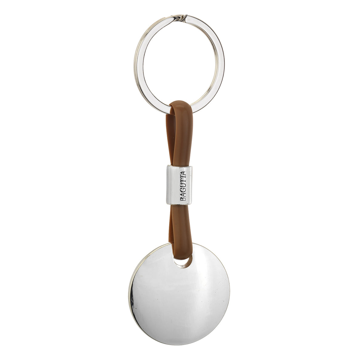 Bagutta Portachiavi Silver Plated con Targhetta Tonda e Cordino in Silicone Crema 11 cm
