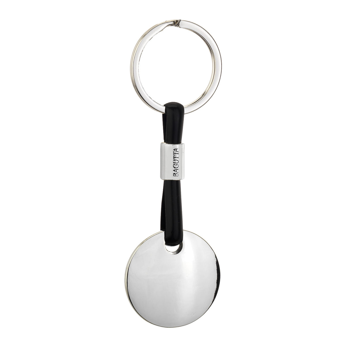 Bagutta Portachiavi Silver Plated con Targhetta Tonda e Cordino in Silicone Nero 11 cm