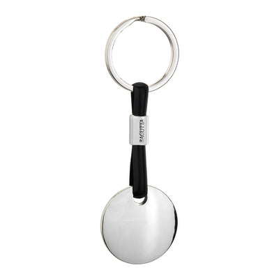 Bagutta Portachiavi Silver Plated con Targhetta Tonda e Cordino in Silicone Nero 11 cm