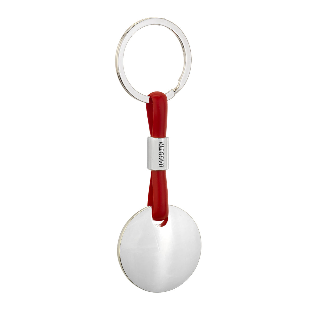 Bagutta Portachiavi Silver Plated con Targhetta Tonda e Cordino in Silicone Rosso 11 cm