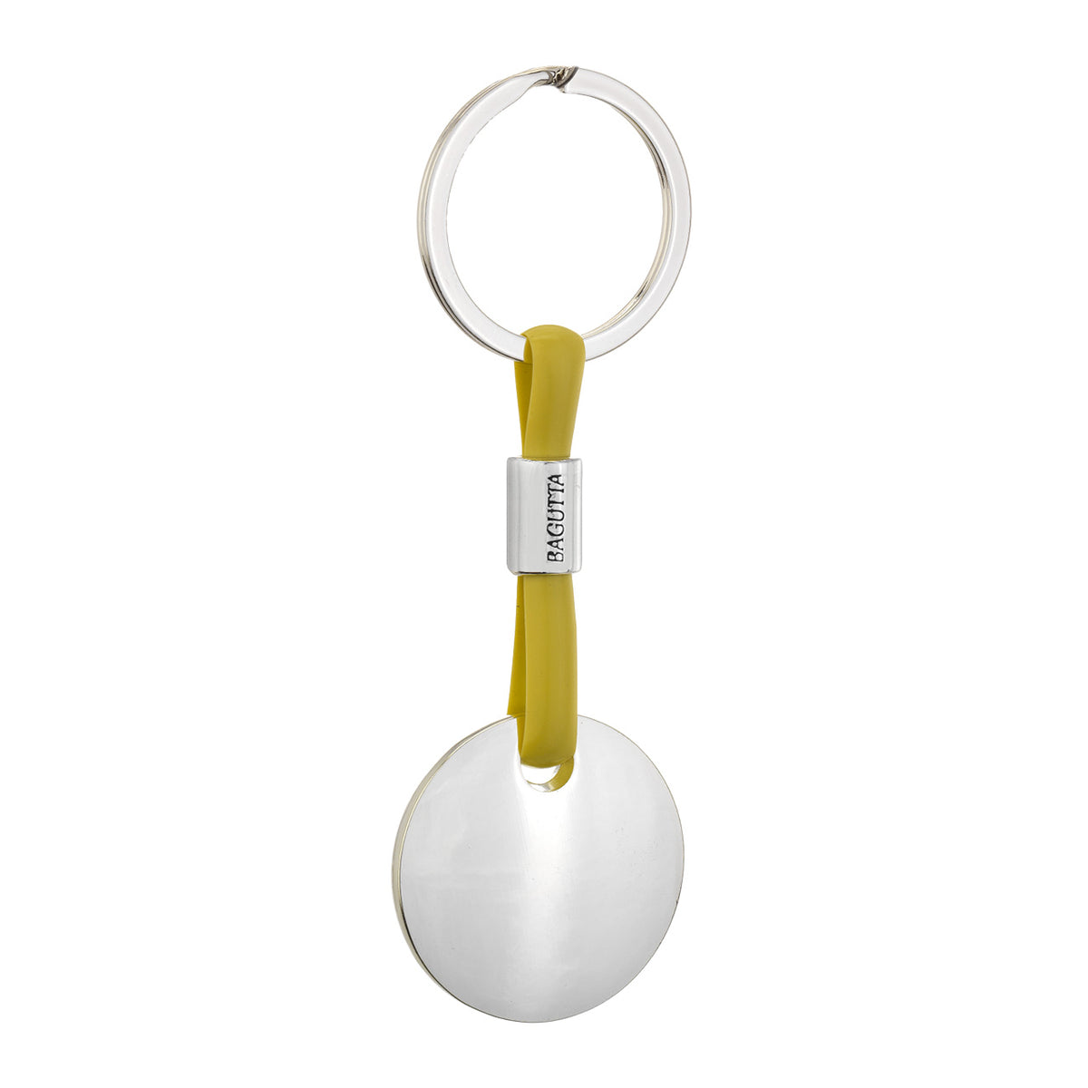 Bagutta Portachiavi Silver Plated con Targhetta Tonda e Cordino in Silicone Senape 11 cm