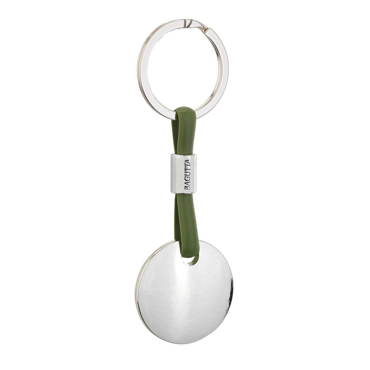Bagutta Portachiavi Silver Plated con Targhetta Tonda e Cordino in Silicone Verde 11 cm