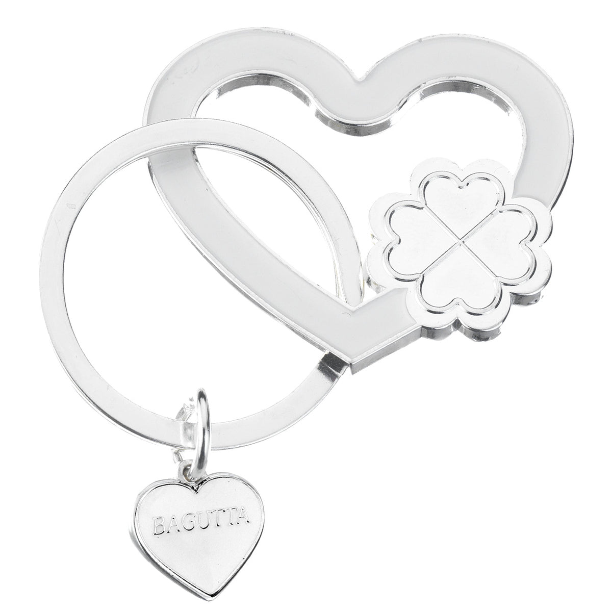 Bagutta Portachiavi Silver Plated Cuore Bianco con Quadrifoglio 7 cm