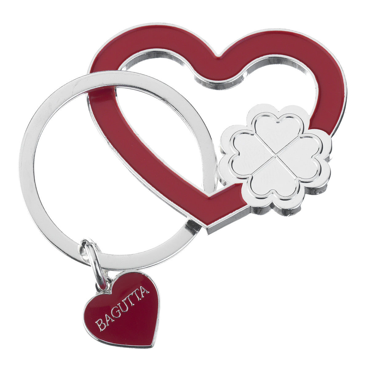 Bagutta Portachiavi Silver Plated Cuore Rosso con Quadrifoglio 7 cm