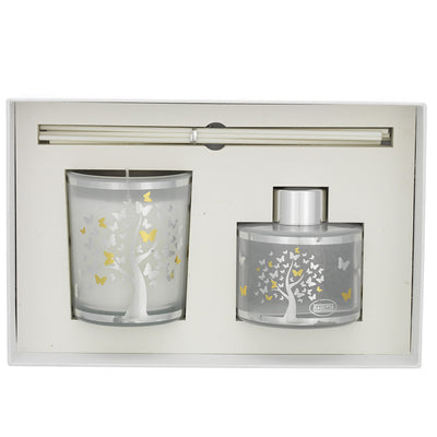 Bagutta Silver Flames Set Diffusore con Bastoncini e Candela Vaniglia Noir Albero con Farfalle 100 ml + 150 g