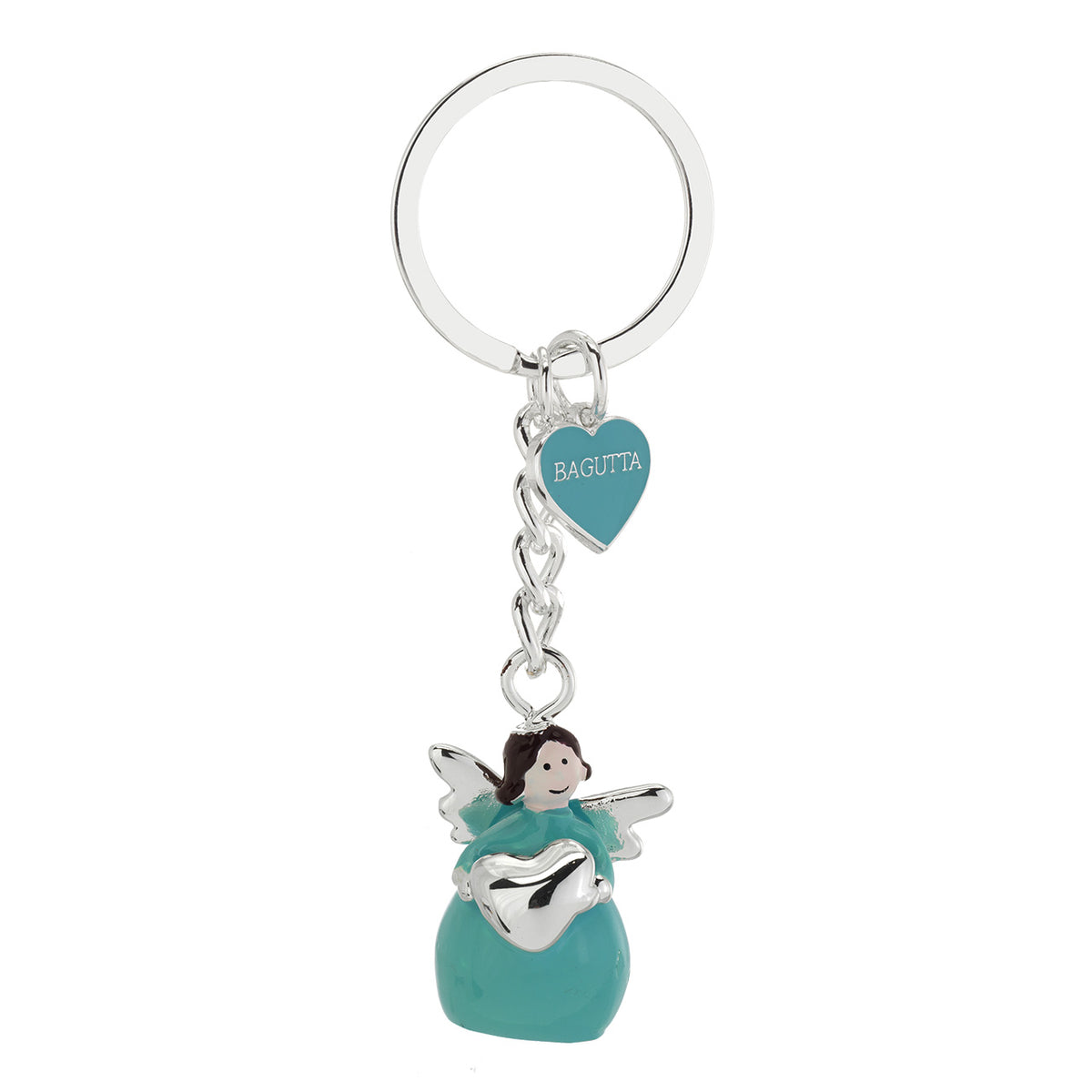 Bagutta Portachiavi Angelo in Metallo Silver Plated con Cuore Abito Azzurro 9 cm