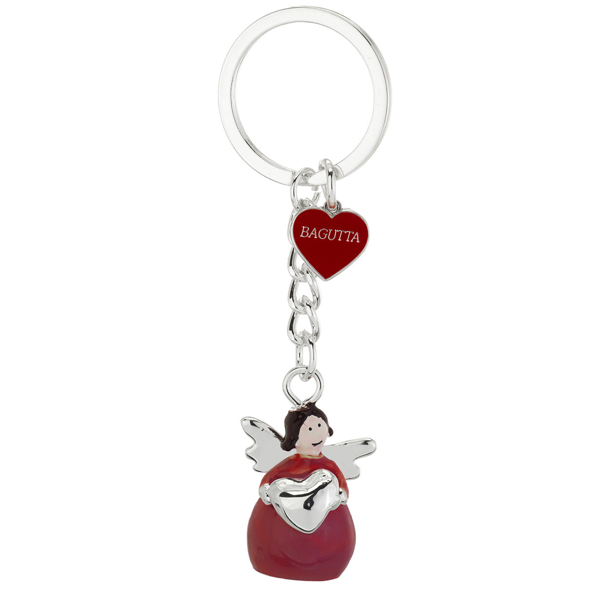 Bagutta Portachiavi Angelo in Metallo Silver Plated con Cuore Abito Rosso 9 cm