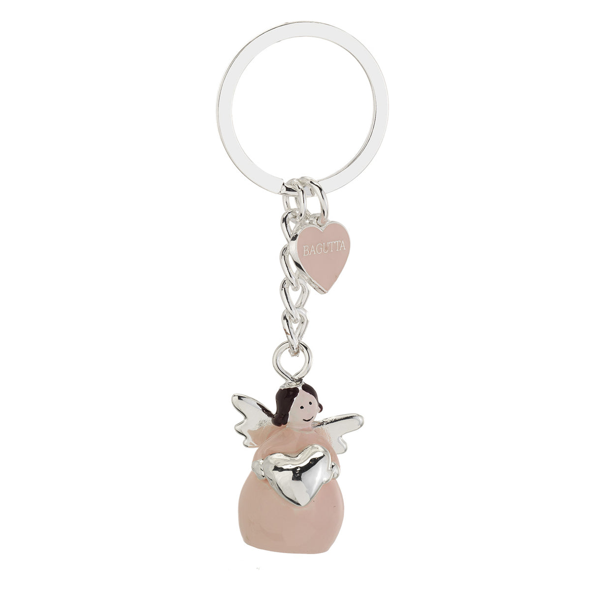Bagutta Portachiavi Angelo in Metallo Silver Plated con Cuore Abito Rosa 9 cm