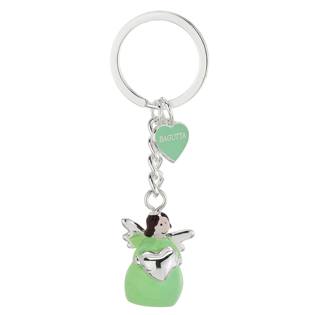 Bagutta Portachiavi Angelo in Metallo Silver Plated con Cuore Abito Verde 9 cm