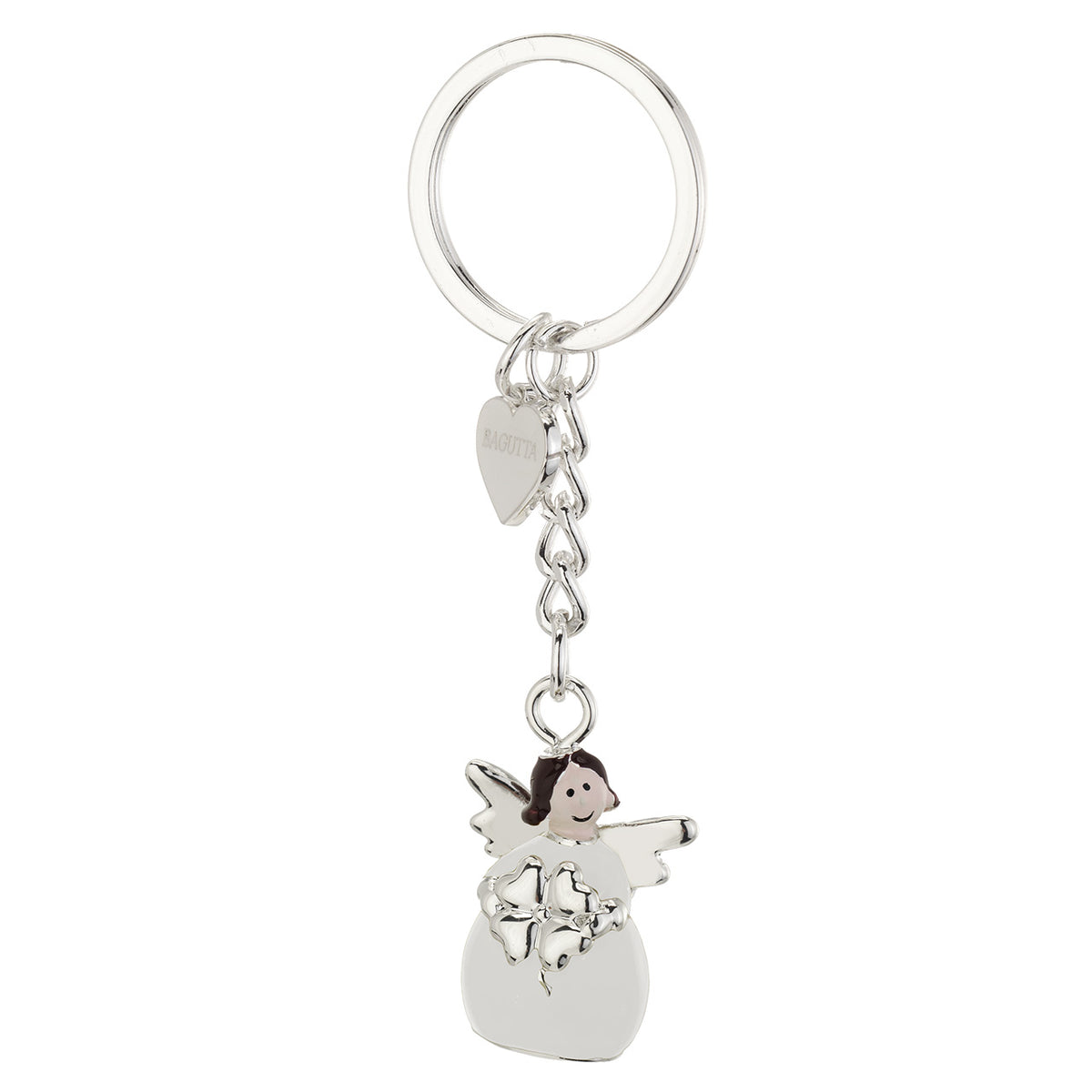Bagutta Portachiavi Angelo in Metallo Silver Plated con Quadrifoglio Abito Bianco 9 cm