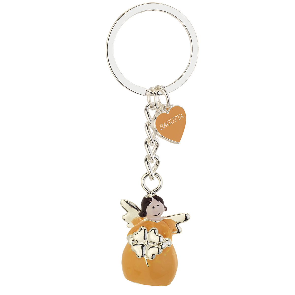 Bagutta Portachiavi Angelo in Metallo Silver Plated con Quadrifoglio Abito Salmone 9 cm