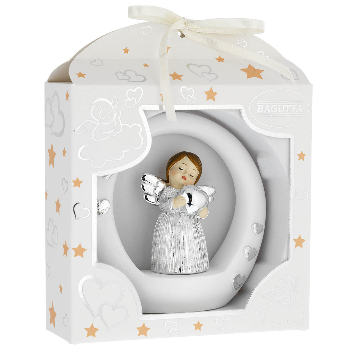 Bagutta Angioletto Argentato su Cerchio Bianco con Cuore 12 cm