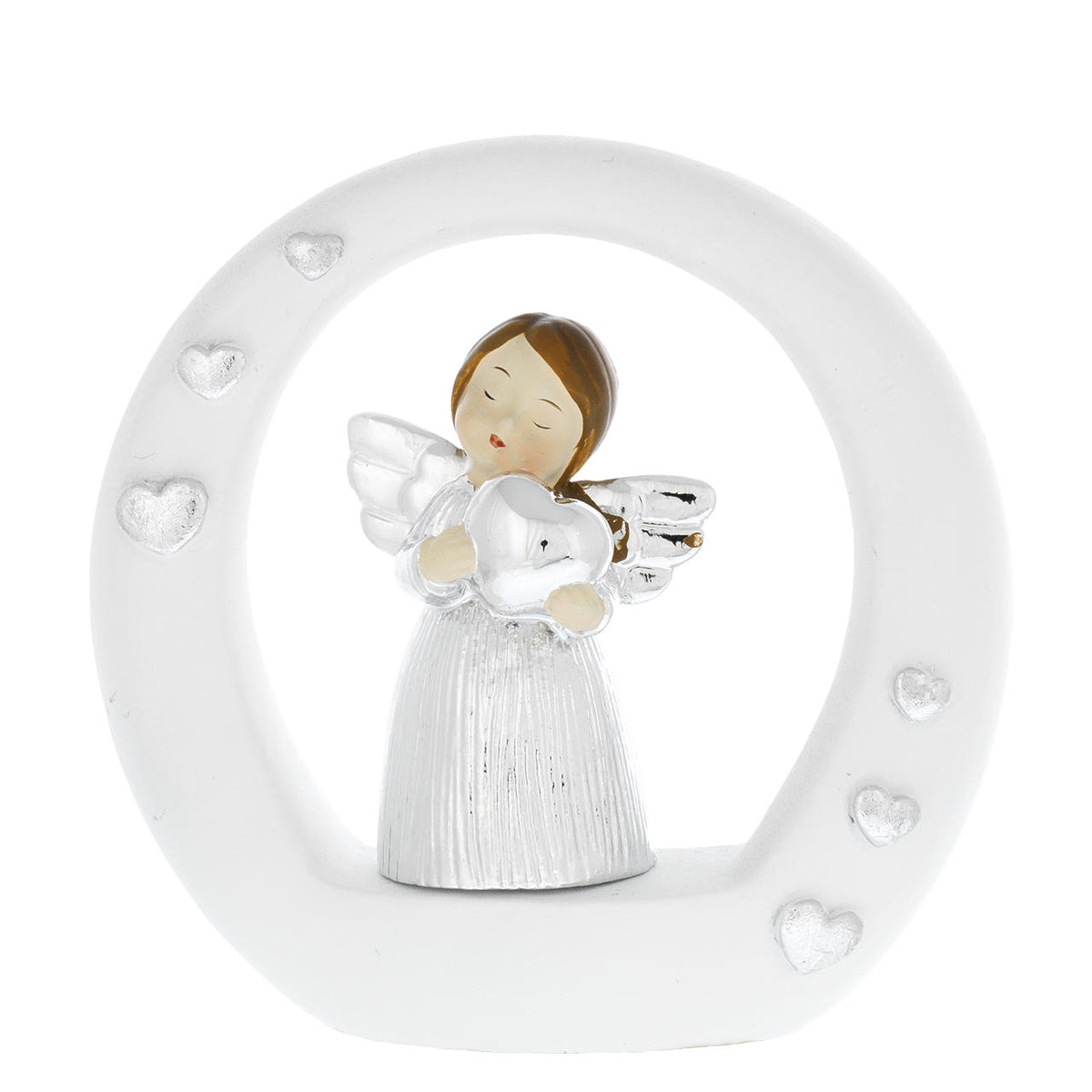 Bagutta Angioletto Argentato su Cerchio Bianco con Cuore 8 cm