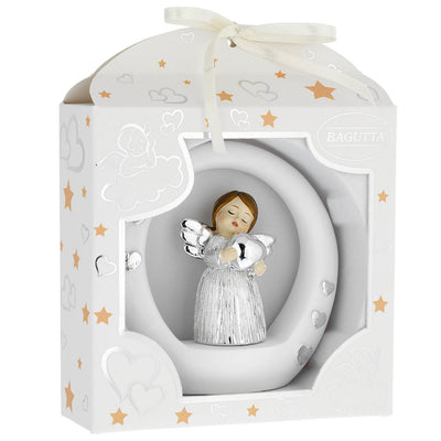 Bagutta Angioletto Argentato su Cerchio Bianco con Cuore 8 cm