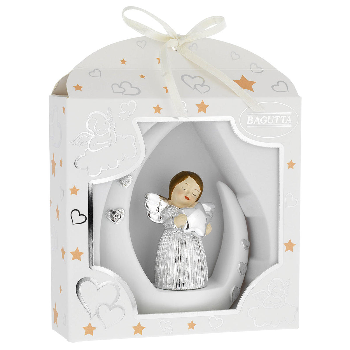 Bagutta Angioletto Argentato su Luna Bianca con Cuore 14 cm