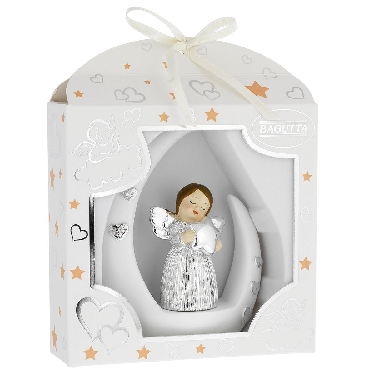 Bagutta Angioletto Argentato su Luna Bianca con Stella 14 cm