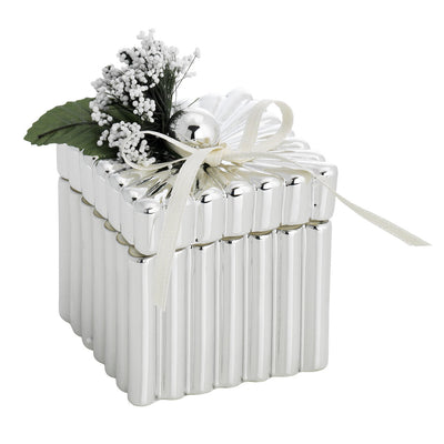 Bagutta Scatolina Decorativa Argentata Quadrata a Coste con Fiocco e Fiori 7x7x6,5 cm