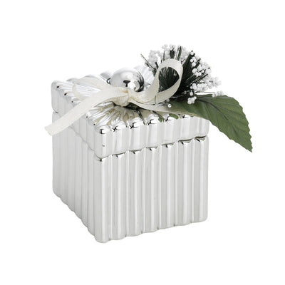 Bagutta Scatolina Decorativa Argentata Quadrata a Coste con Fiocco e Fiori 5,5x5,5x5 cm