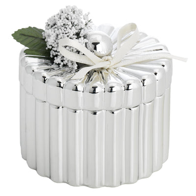 Bagutta Scatolina Decorativa Argentata Tonda a Coste con Fiocco e Fiori 9,5x7 cm