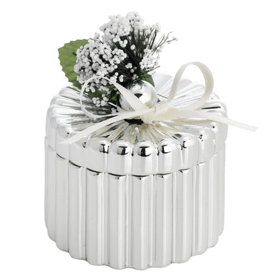 Bagutta Scatolina Decorativa Argentata Tonda a Coste con Fiocco e Fiori 8x6 cm