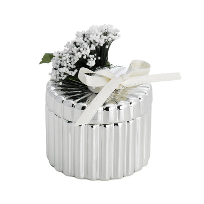 Bagutta Scatolina Decorativa Argentata Tonda a Coste con Fiocco e Fiori 6,5x5 cm