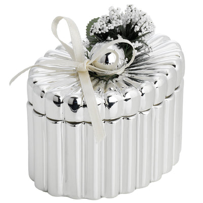 Bagutta Scatolina Decorativa Argentata a Cuore con Fiocco e Fiori 10,5x8x7 cm
