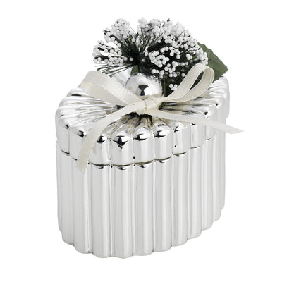 Bagutta Scatolina Decorativa Argentata a Cuore con Fiocco e Fiori 8,5x6,5x6 cm