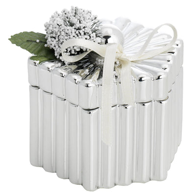 Bagutta Scatolina Decorativa Argentata Esagonale a Coste con Fiocco e Fiori 9,5x9,5x7 cm