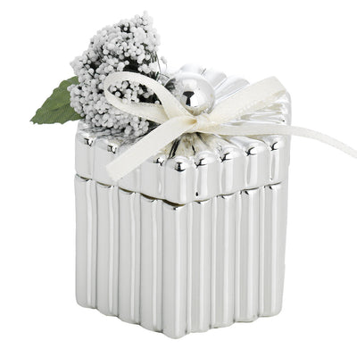 Bagutta Scatolina Decorativa Argentata Esagonale a Coste con Fiocco e Fiori 7,5x7,5x6 cm